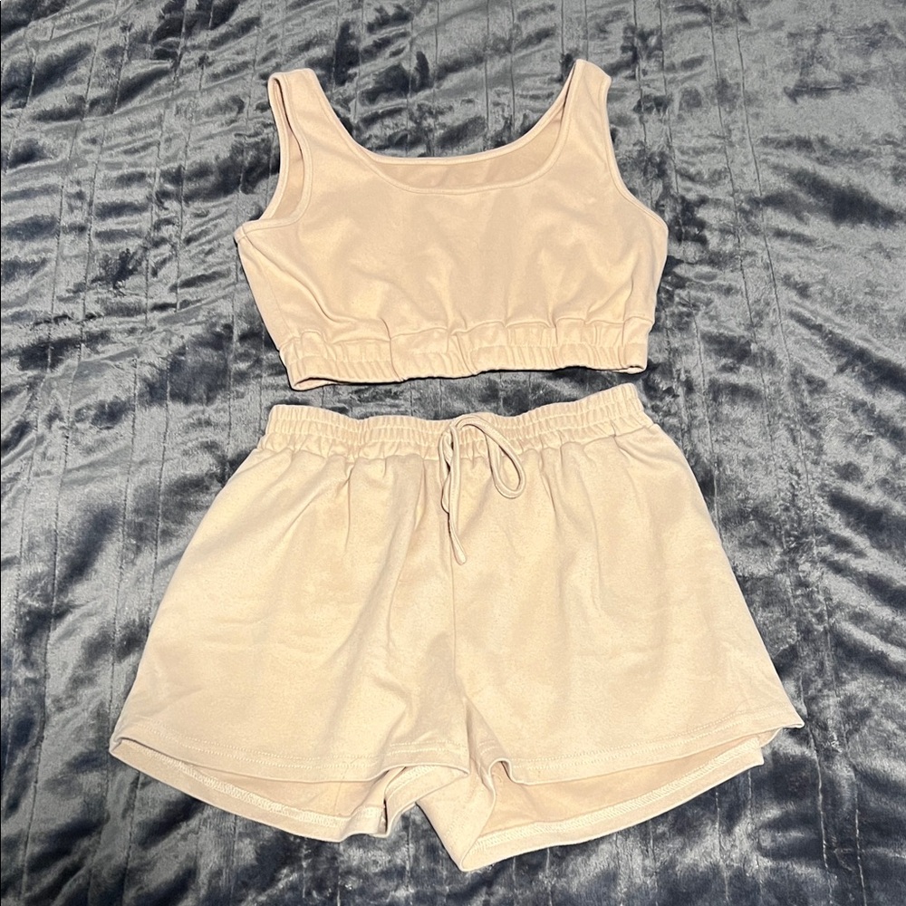 Neutral Beige Lounge Set — Crop Tank & Drawstring Shorts